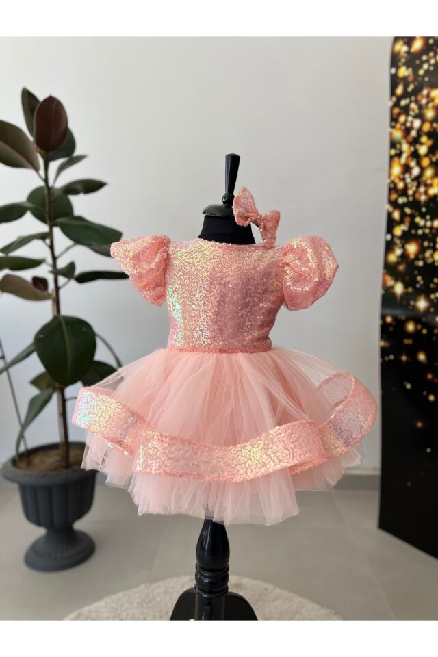 Pembe Kız Çocuk Abiye Elbise – Payetli, Kabarık, Balon Kollu, Özel Günler İçin Şık Tasarım 2 YAŞ
