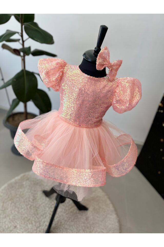Pembe Kız Çocuk Abiye Elbise – Payetli, Kabarık, Balon Kollu, Özel Günler İçin Şık Tasarım 6 Yaş