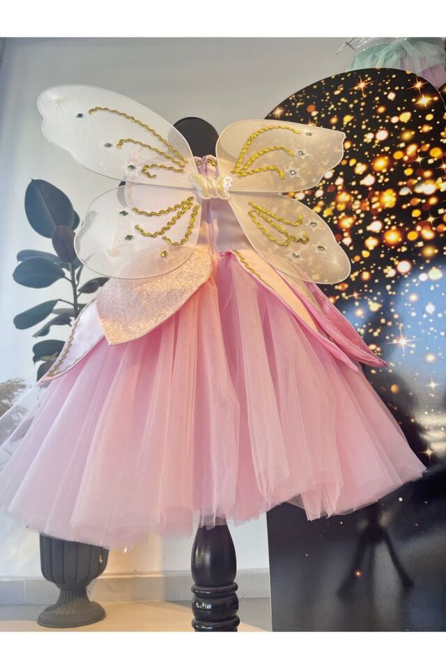 Kız Çocuk Pembe Renk Kanatlı Peri Elbisesi, Peri Kostümü