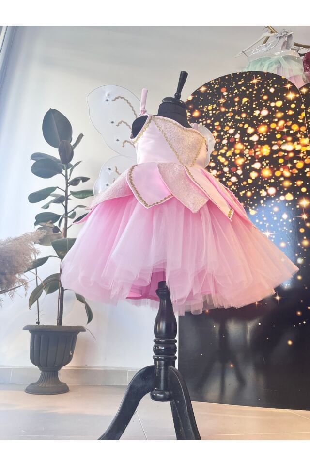 Kız Çocuk Pembe Renk Kanatlı Peri Elbisesi, Peri Kostümü