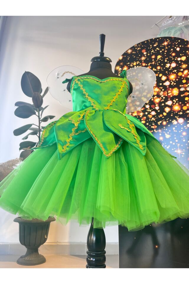Kız Çocuk Kanatlı Yeşil Renk Peri Kostümü, Peri Elbisesi, Parti Elbisesi