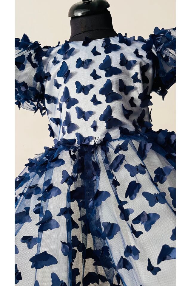 Lacivert Kelebekli Kız Çocuk Elbisesi