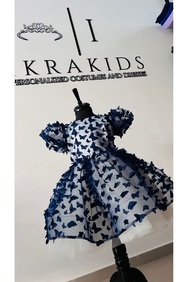 Lacivert Kelebekli Kız Çocuk Elbisesi