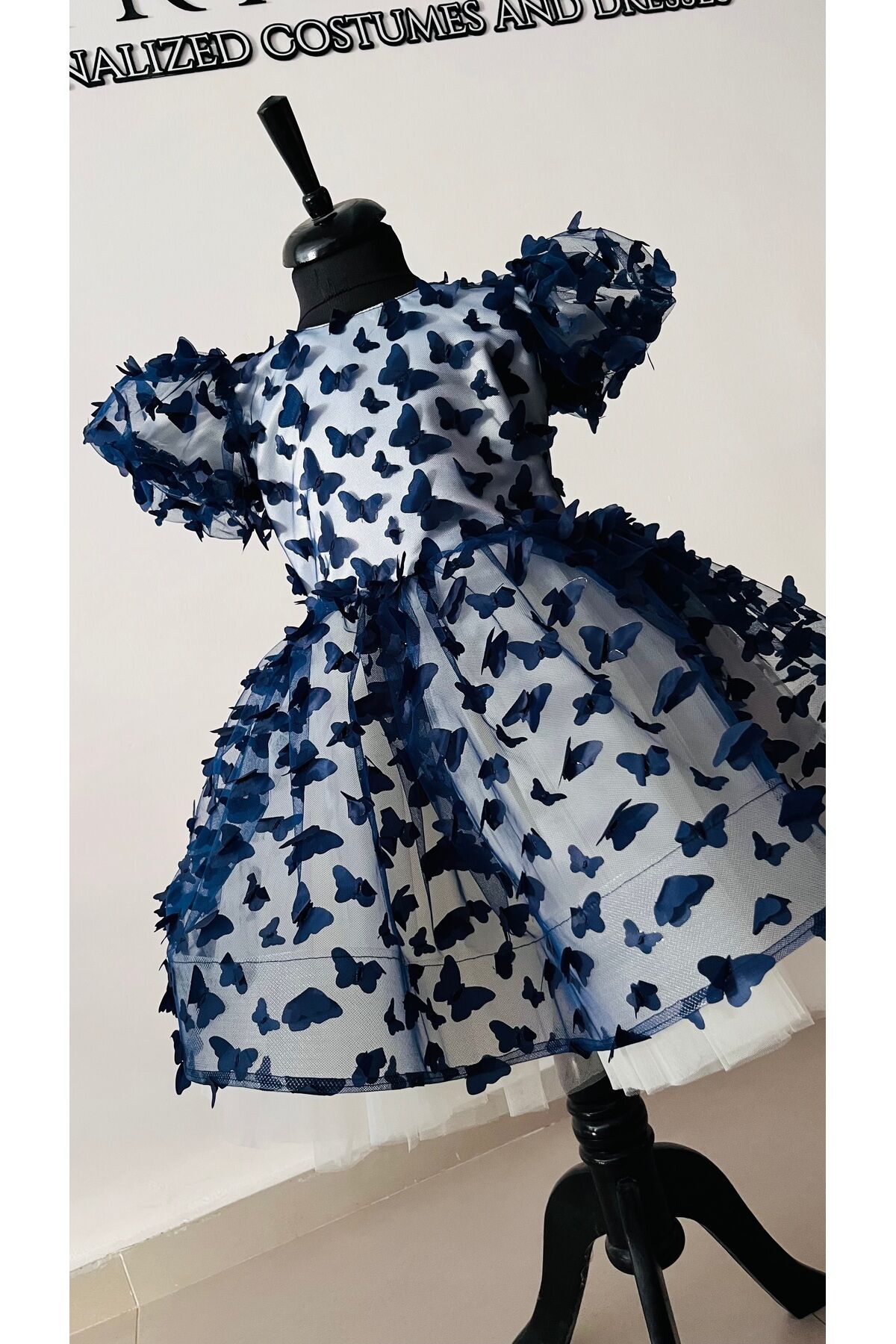 Lacivert Kelebekli Kız Çocuk Elbisesi