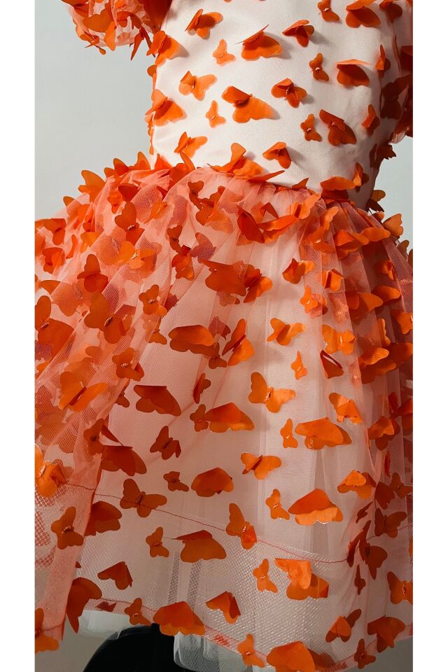 Turuncu Kelebekli Kız Çocuk Elbisesi- Kabarık, Astarlı, Kısa Kollu, Özel dikim