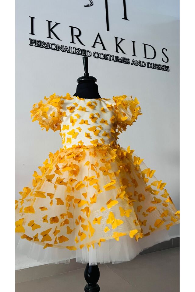 Sarı Kelebekli Kız Çocuk Elbisesi- Kabarık, Astarlı, Kısa Kollu Özel Tasarım