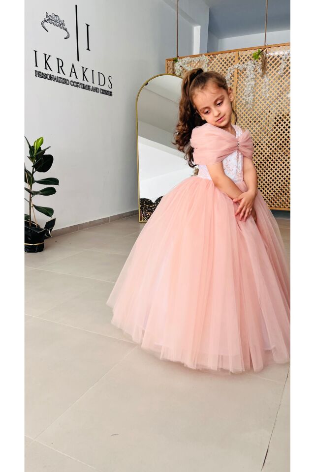 Kız Çocuk Pudra Kabarık Çiçekli Elbise