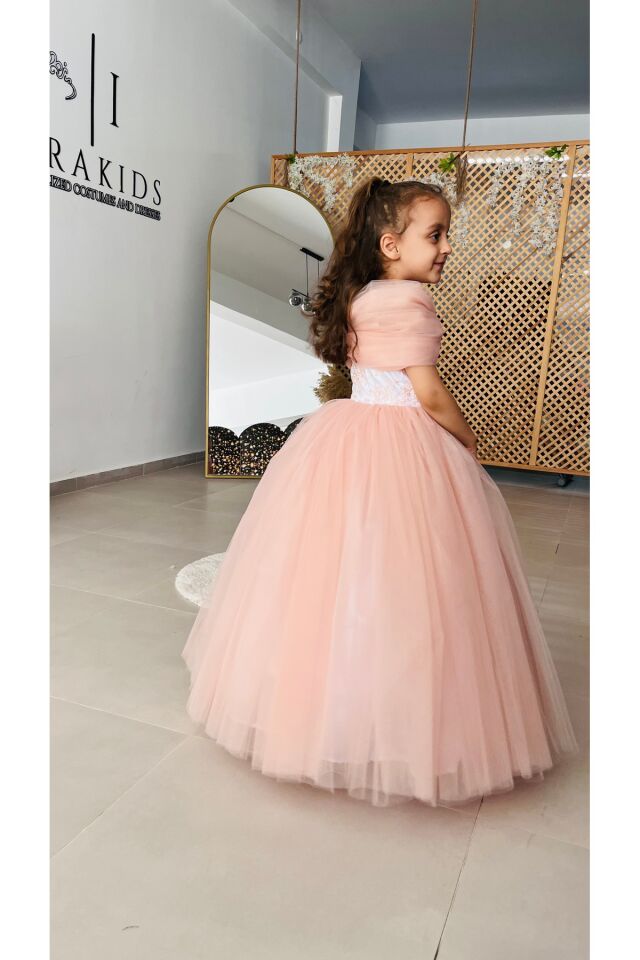 Kız Çocuk Pudra Kabarık Çiçekli Elbise