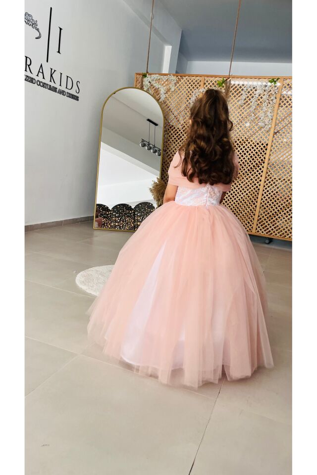 Kız Çocuk Pudra Kabarık Çiçekli Elbise