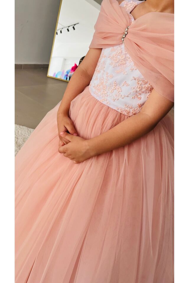 Kız Çocuk Pudra Kabarık Çiçekli Elbise