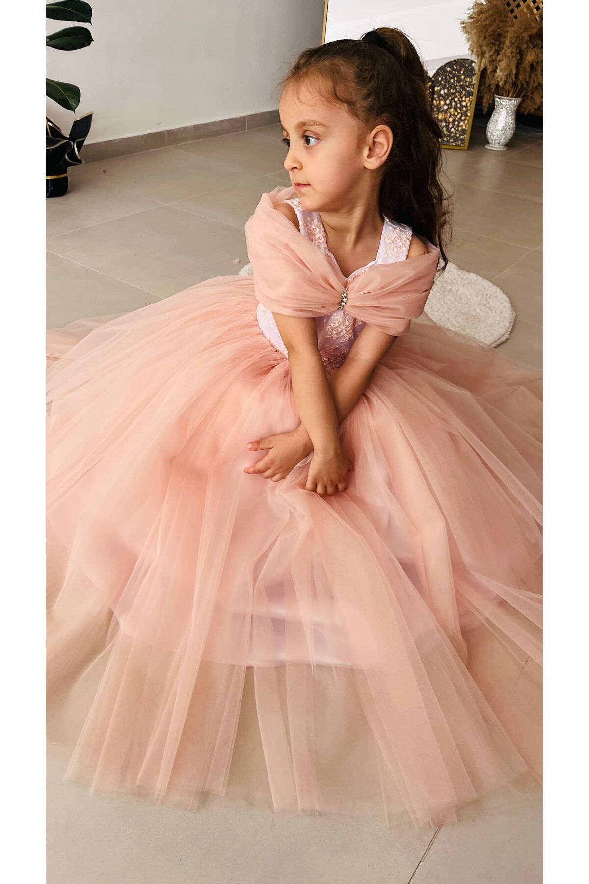Kız Çocuk Pudra Kabarık Çiçekli Elbise
