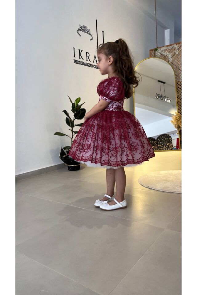 Kız Çocuk Çiçekli Elbise, Kız Çocuk Abiye, Kız Çocuk Mürdüm Çiçekli Elbise