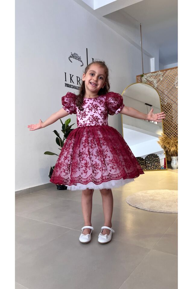 Kız Çocuk Çiçekli Elbise, Kız Çocuk Abiye, Kız Çocuk Mürdüm Çiçekli Elbise