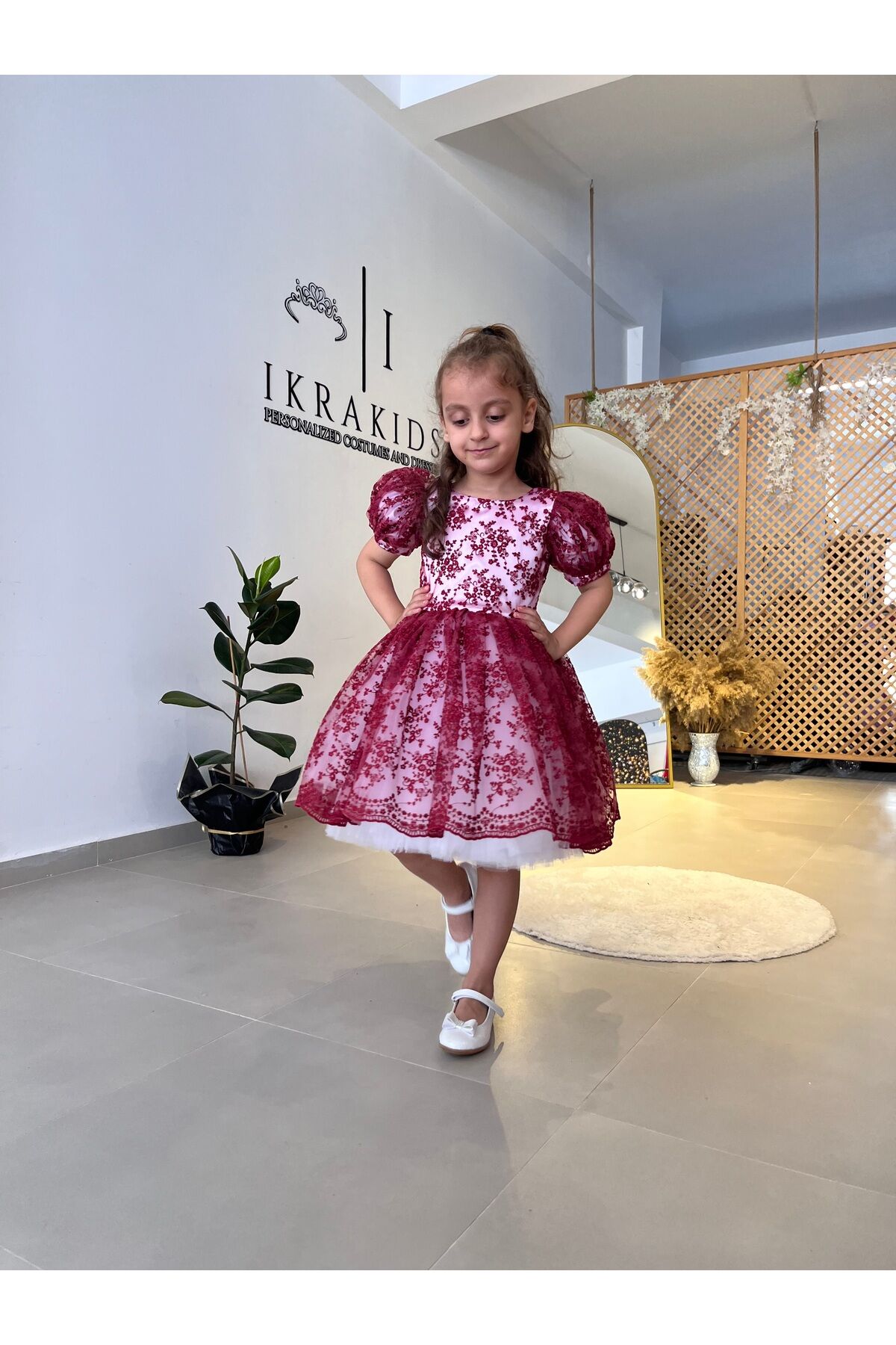 Kız Çocuk Çiçekli Elbise, Kız Çocuk Abiye, Kız Çocuk Mürdüm Çiçekli Elbise