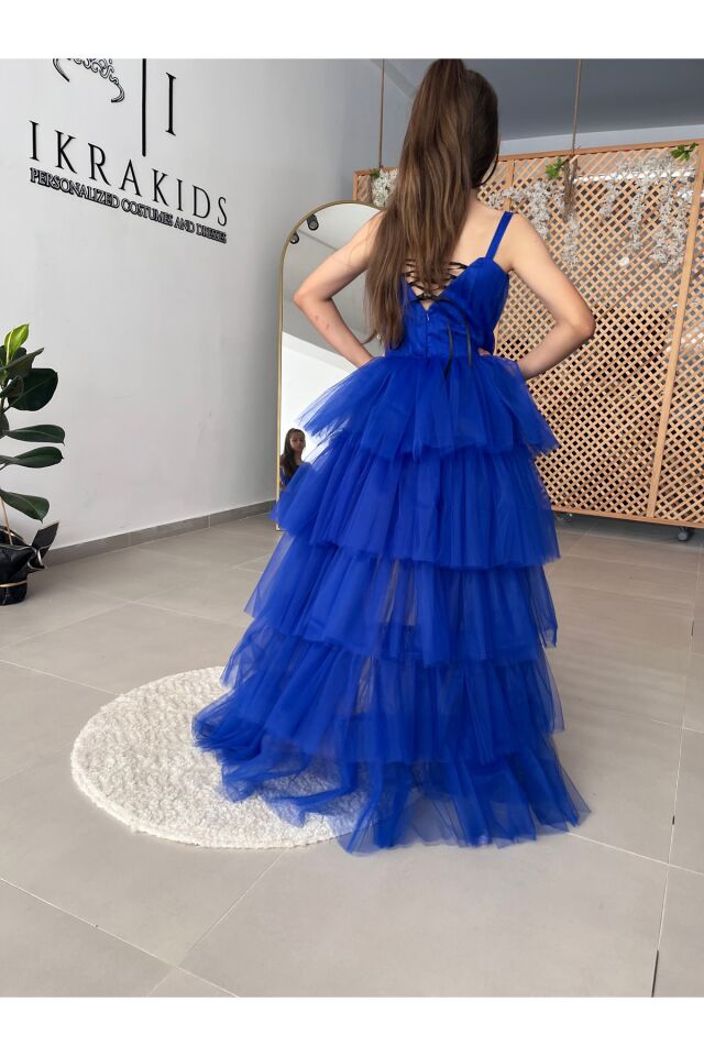 Kız Çocuk Piliseli Kuyruklu Saks Mavisi Elbise, Kız Çocuk Abiye