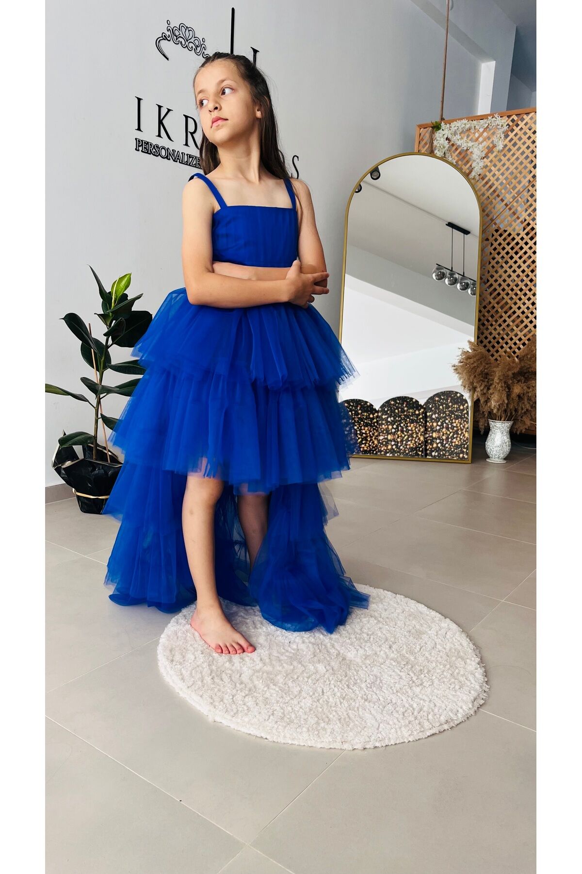 Kız Çocuk Piliseli Kuyruklu Saks Mavisi Elbise, Kız Çocuk Abiye