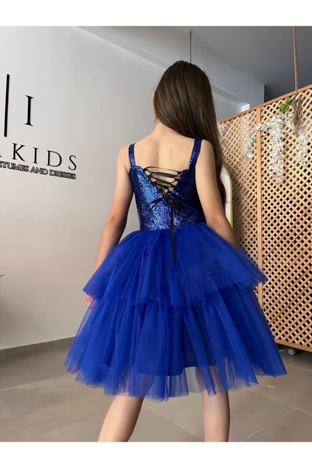 Kız Çocuk  Saks Mavisi Elbise, Kız Çocuk Sax Mavisi Abiye Elbise