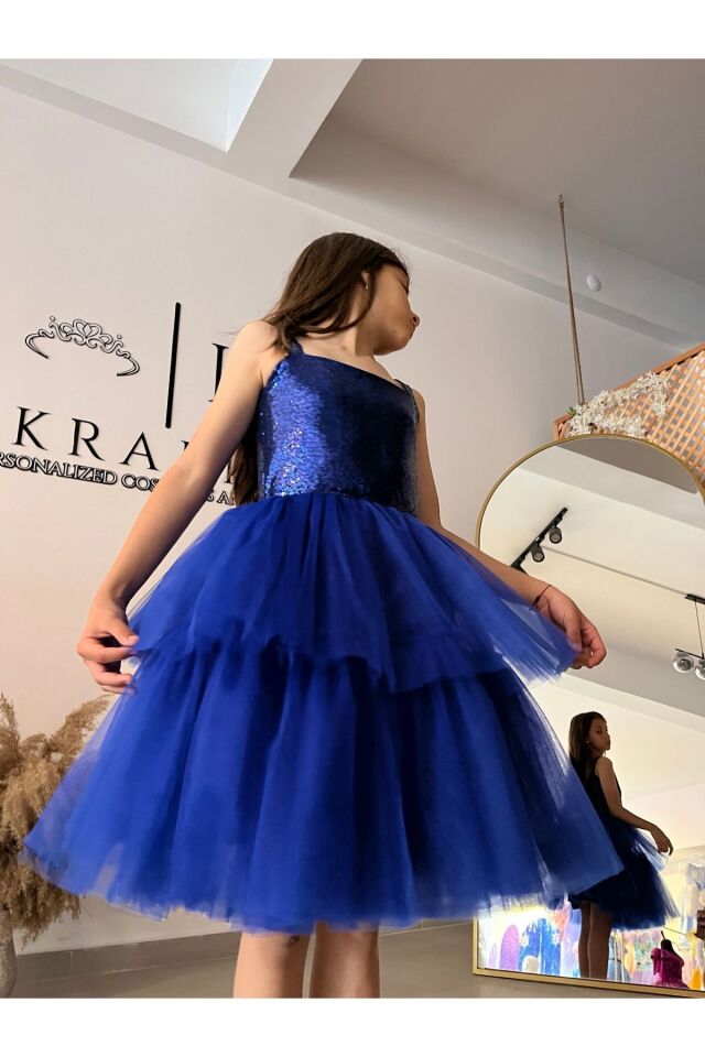 Kız Çocuk  Saks Mavisi Elbise, Kız Çocuk Sax Mavisi Abiye Elbise