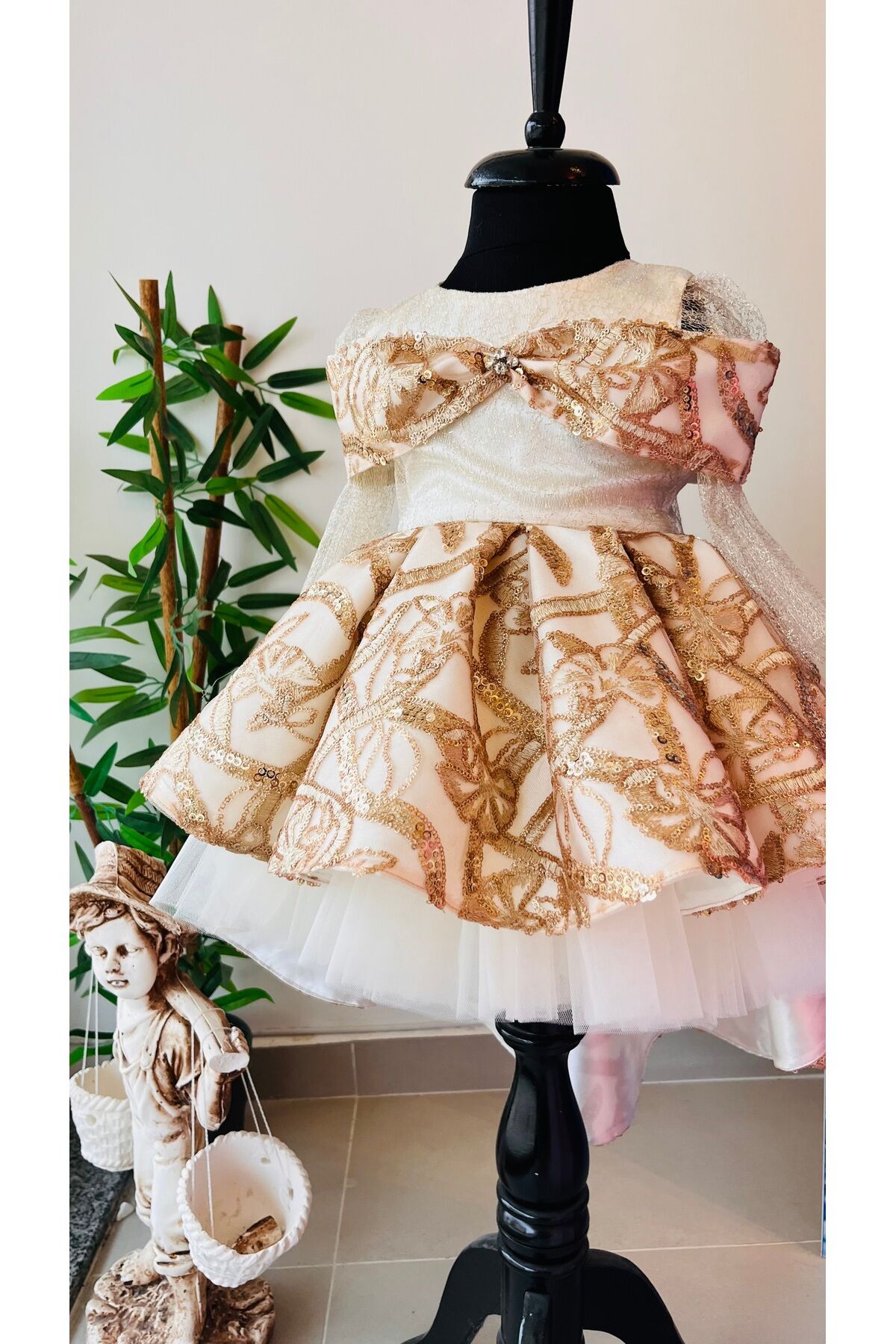 Kız Çocuk Kuyruklu Elbise, Bebek Mevlüt Elbisesi, Gold Çocuk Abiye Elbise