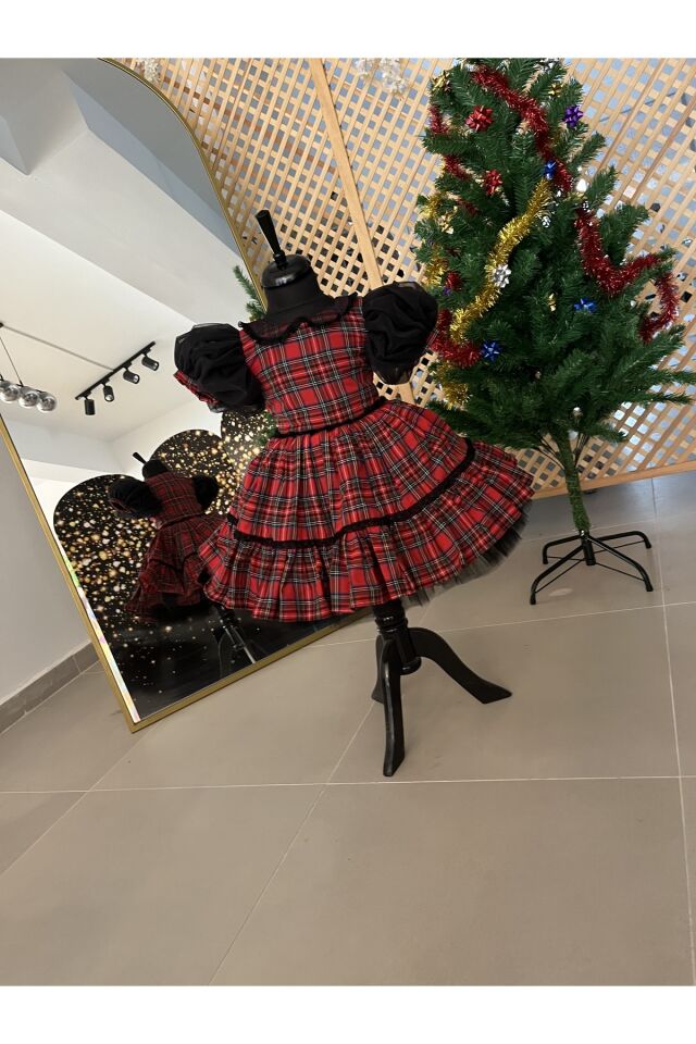 Kız Çocuk Ekose Kırmızı Noel Elbisesi