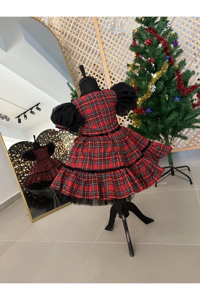 Kız Çocuk Ekose Kırmızı Noel Elbisesi