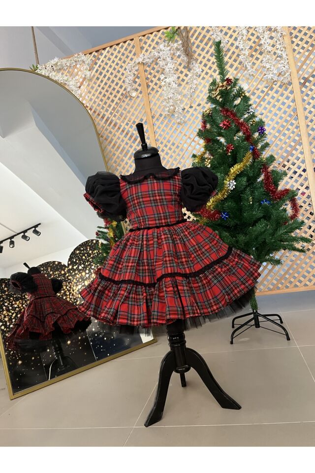Kız Çocuk Ekose Kırmızı Noel Elbisesi
