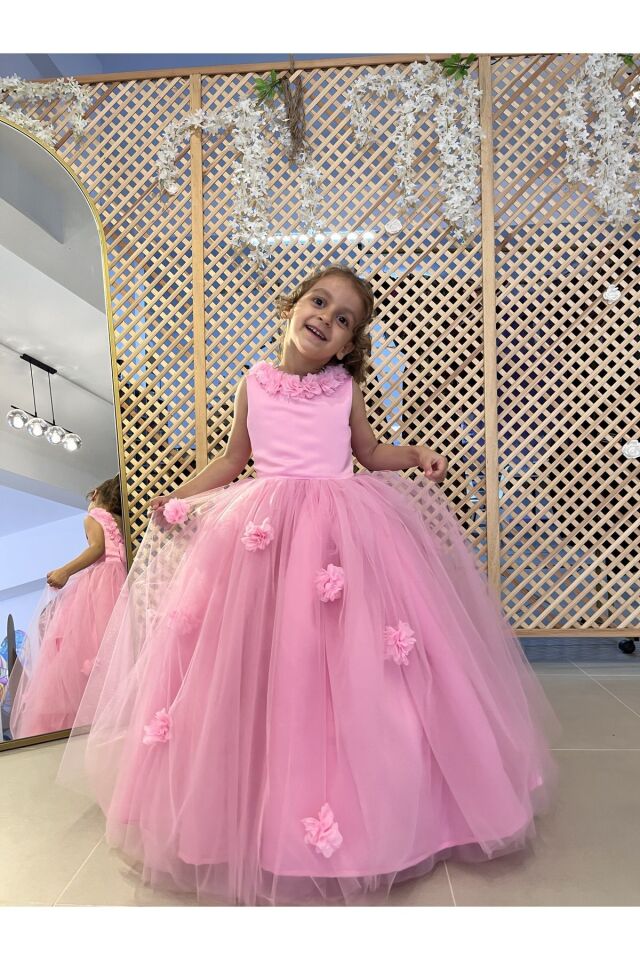 Kız Çocuk Pembe Çiçekli Elbise