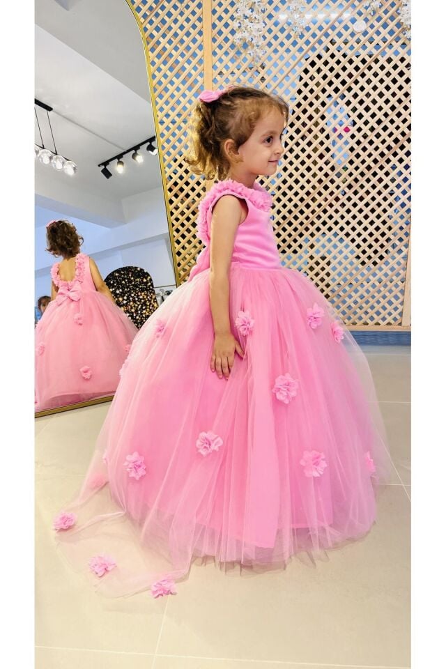 Kız Çocuk Pembe Çiçekli Elbise