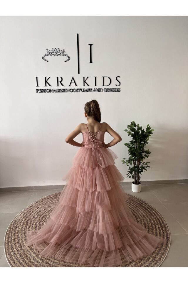 Kız Çocuk Pudra Kuyruklu Abiye Elbise