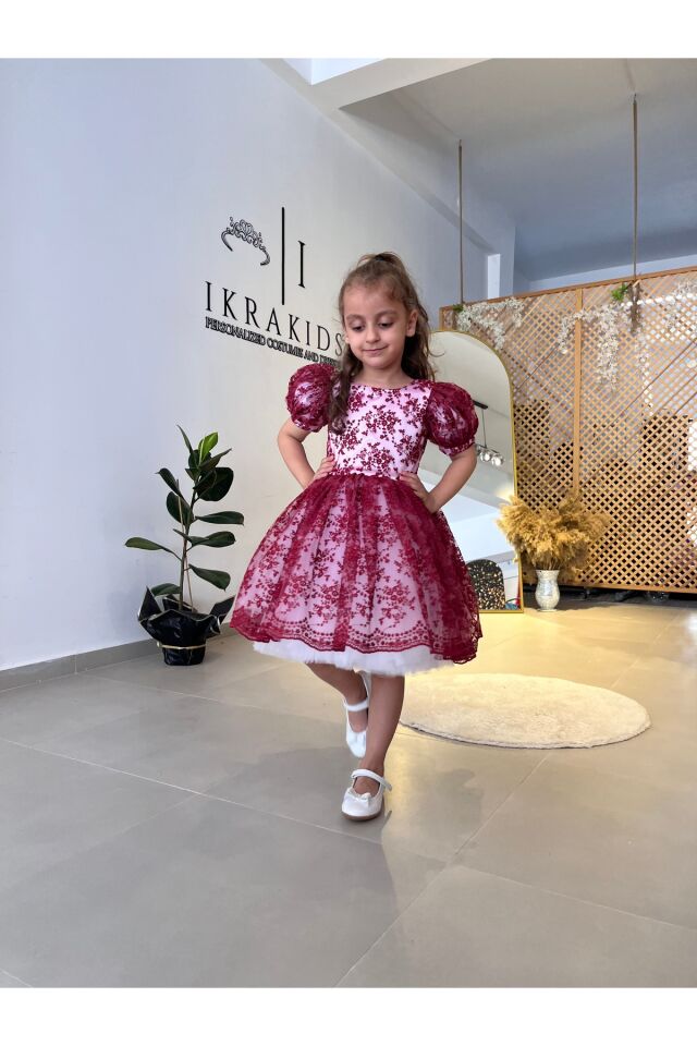 Kız Çocuk Çiçekli Elbise, Kız Çocuk Abiye, Kız Çocuk Mürdüm Çiçekli Elbise 3 Yaş